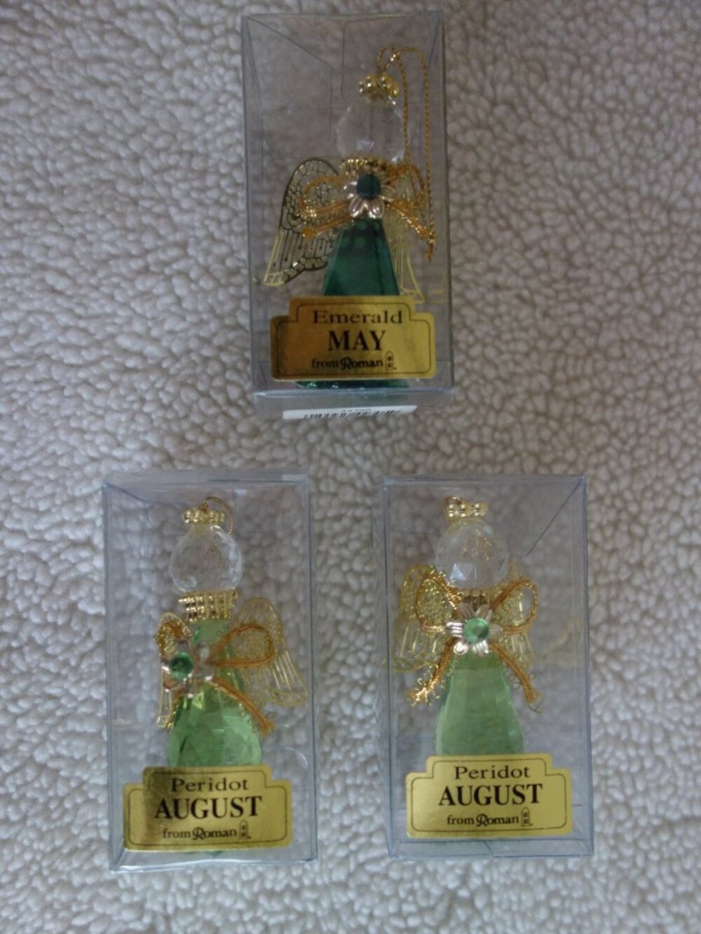 3 NIB New ROMAN Birth Month Angel Christmas Ornaments 2xPeridot Aug/1xEmerald Ma